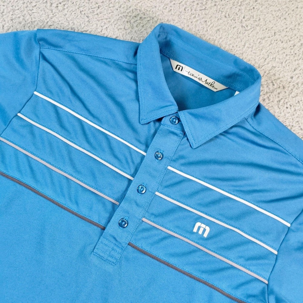 TravisMathew Golf Polo Shirt Mens‎ Small Blue Striped Stretch Knit Performance